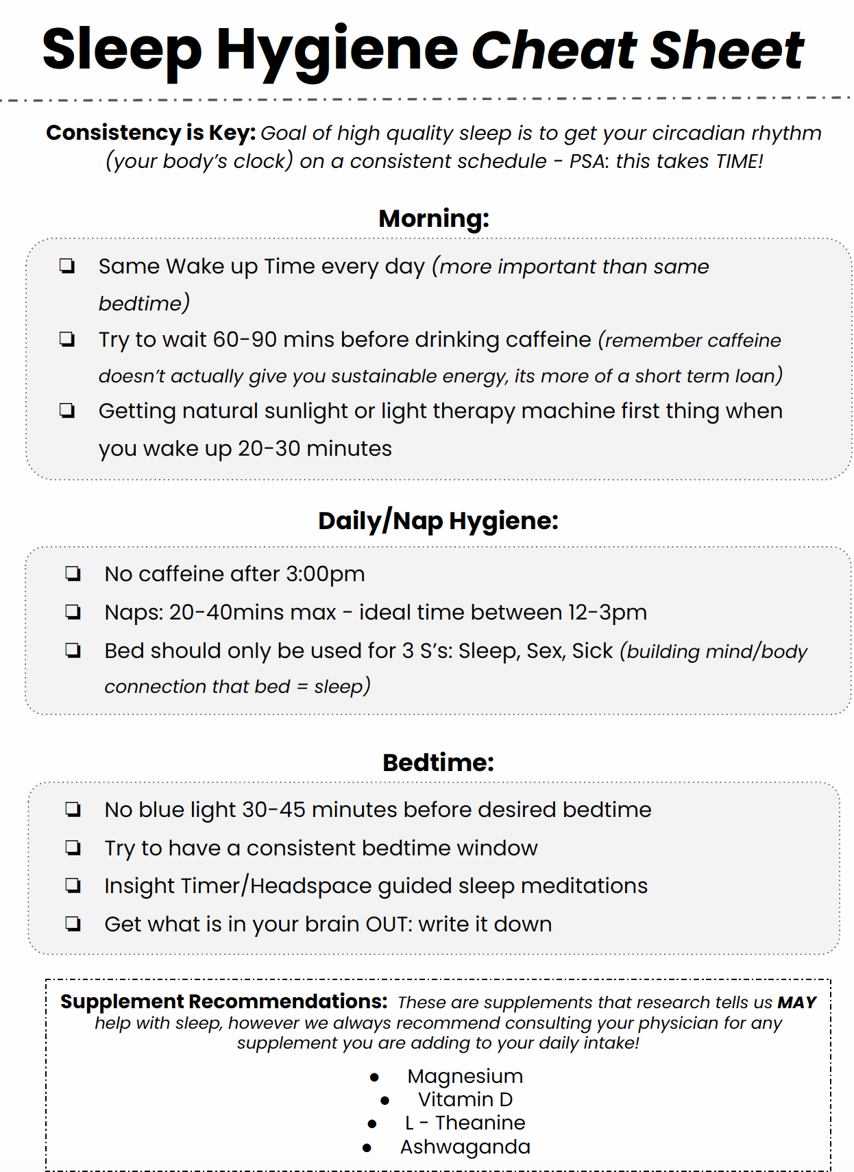 Sleep Hygiene Cheat Sheet